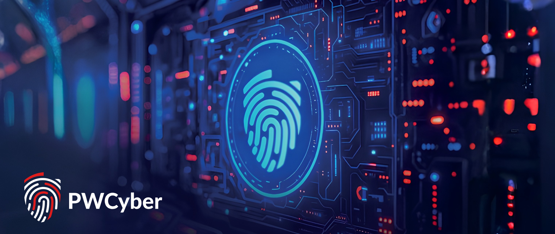 Technologiczny stockowy obraz przedstawiający cyfrowy odcisk palca. W rogu logo i napis PWCyber