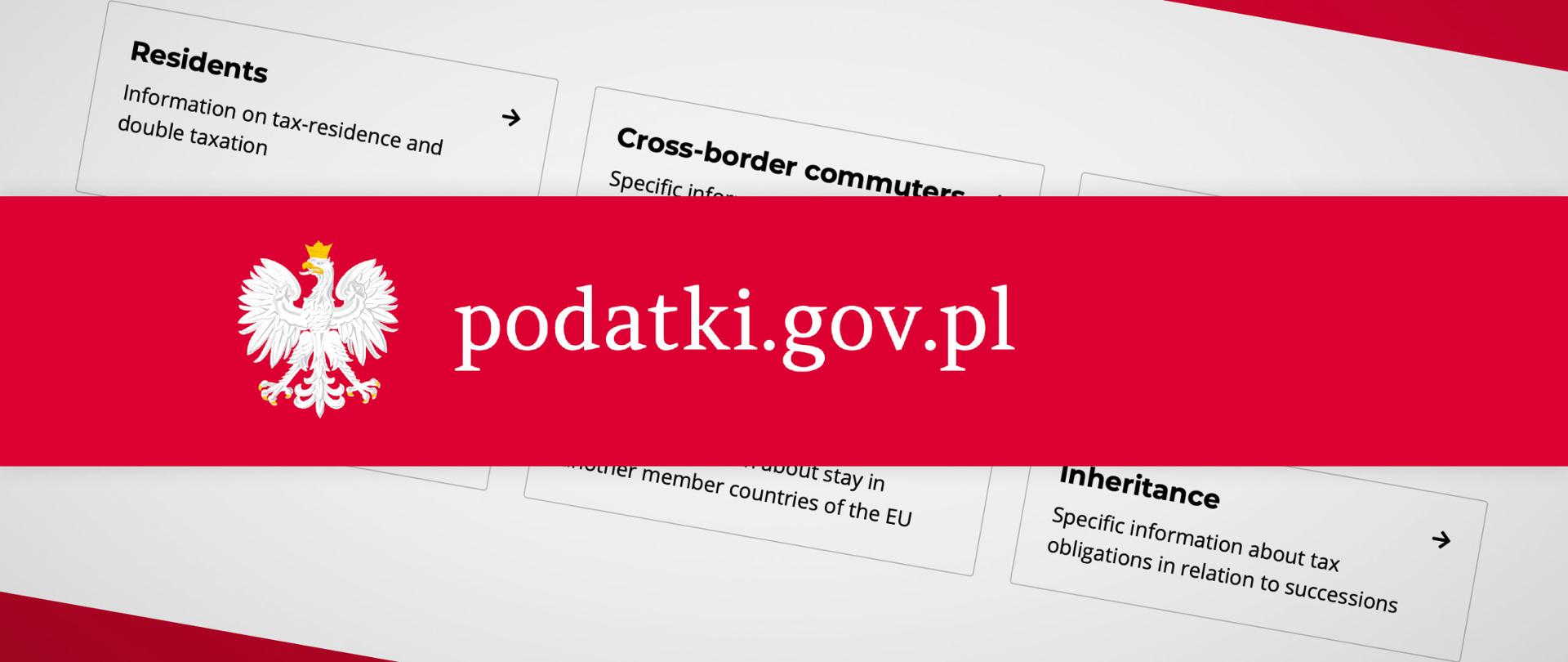 Czerwony pasek na którym jest Orzeł w koronie plus napis podatki.gov.pl w tle zakładki strony w języku angielskim 