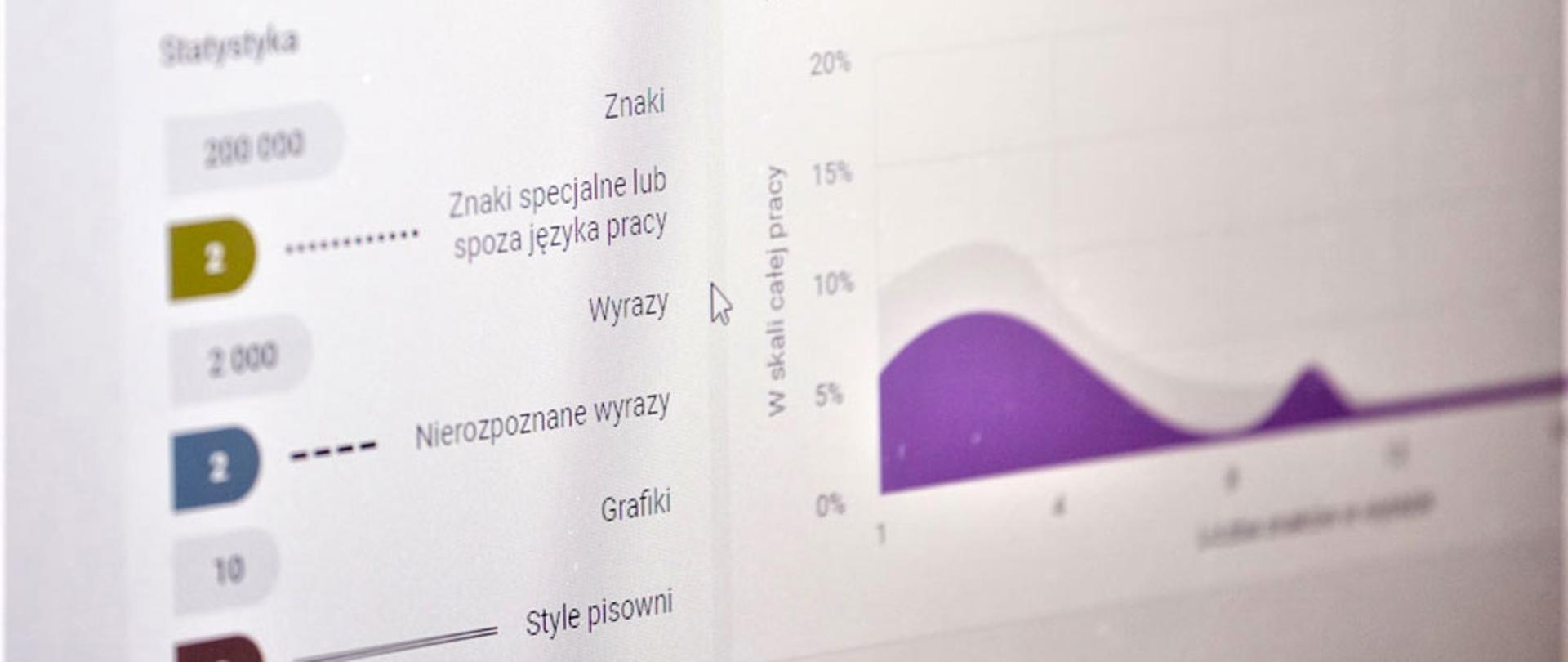 Screenshot of a computer running JSA. In the left column, the following inscriptions are visible (from the top): Full name of the thesis; Text analysis; Statistics; Signs; Special characters or characters beyond the analyzed text; Words; Unrecognized words; Graphics; Spelling styles. On the right, the distribution of results is presented graphically, including the distribution of word lengths in the entire text.