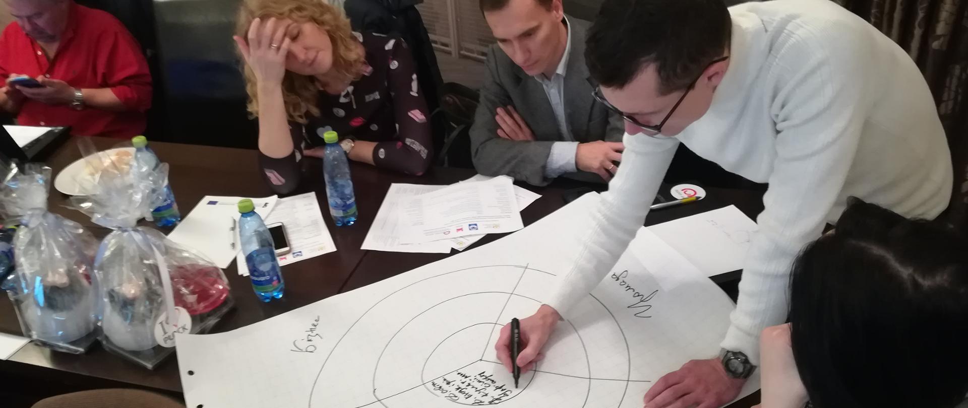 trwają ćwiczenia podczas szkolenia - mężczyzna rysuje na dużej kartce schemat