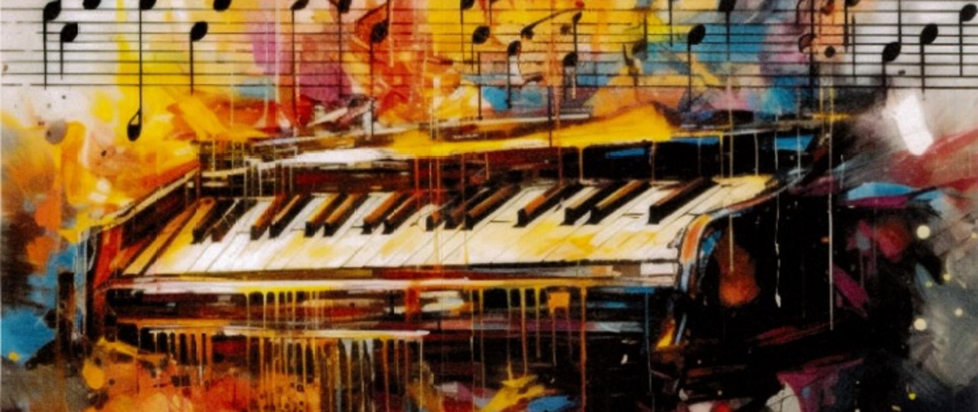 Plakat na którym w centralnej części znajduje się artystyczne przedstawienie fortepianu otoczonego kolorowymi, dynamicznymi plamami barw — głównie żółtymi, pomarańczowymi, czerwonymi i niebieskimi. W tle unoszą się nuty.
Na górze umieszczony jest napis: „prof. Marta Mołodyńska-Wheeler”, „Warsztaty z improwizacji fortepianowej”
Na dole widnieją informacje o wydarzeniu: „10 grudnia 2025, godz. 11.30”
„Sala Kameralna PSM w Rybniku”
Całość ma artystyczny, ekspresyjny styl, który oddaje ducha improwizacji i kreatywności muzycznej.