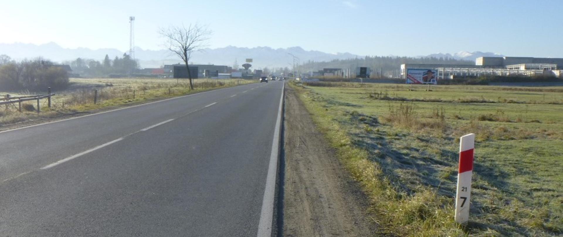 DK47 Nowy Targ Szaflary, po prawej pole, w oddali magazyny, w tle Tatry