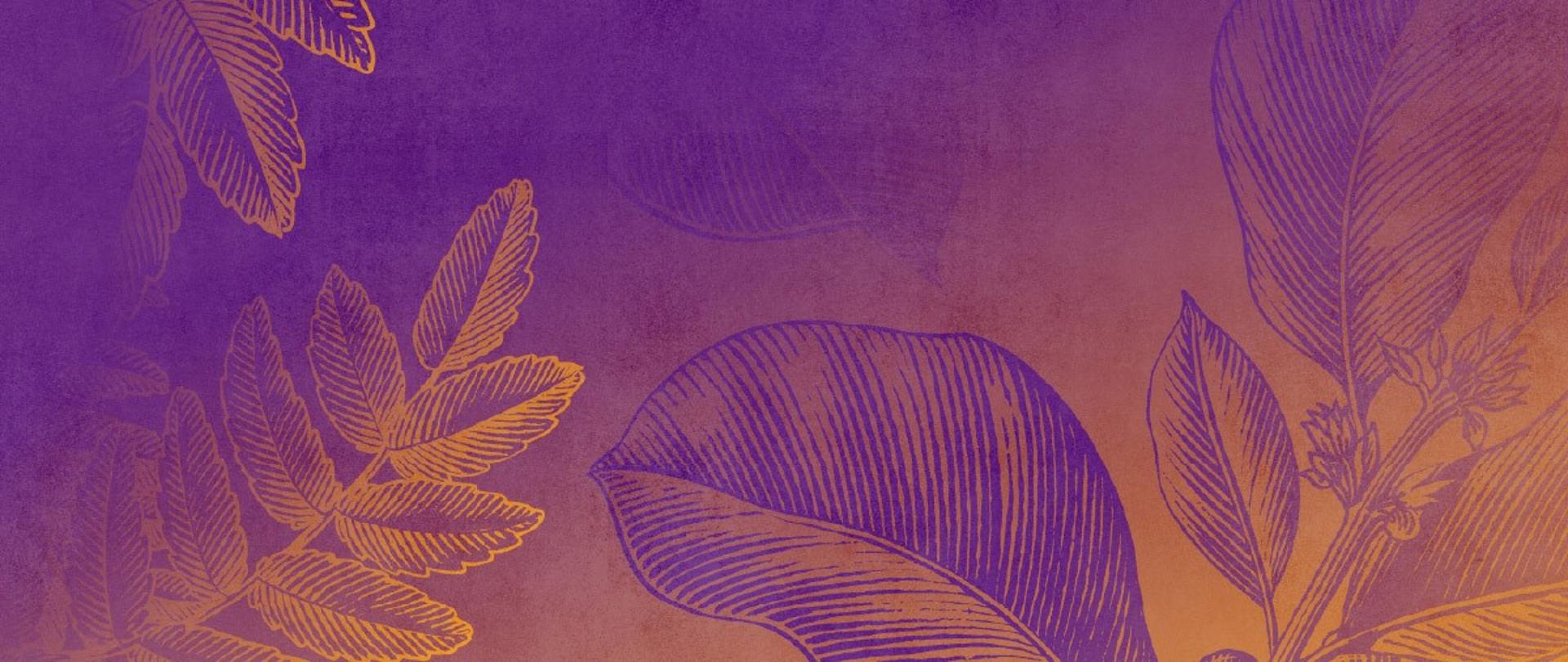 Grafika imitująca obraz, który przedstawia różne liście w kolorach żółty i fioletowy. Tło jest gradientem idącym po przekątnej grafiki od żółtego do fioletowego, w inwersji jest kolorystyka liści.