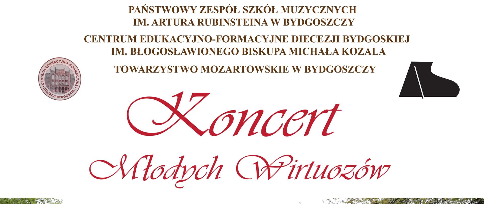 plakat na białym tle czerwony napis koncert młodych wirtuozów poniżej zdjęcie na którym jest szary zabytkowy budynek z czerwonym dachem na ścianie budynku złoty napis dom polski przed budynkiem zielona trawa i rosnące zółte i czerwone tulipany