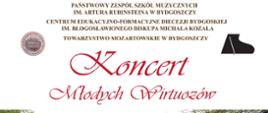 plakat na białym tle czerwony napis koncert młodych wirtuozów 