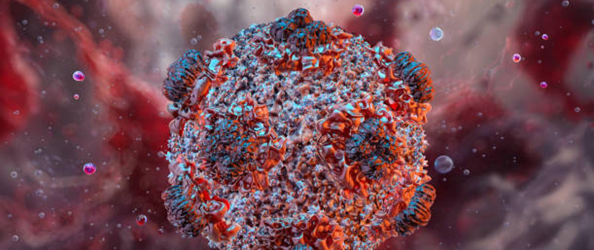 Hantavirus 3D viral structure, RNA virus transmitted to humans through rodent excreta. Severe illnesses, hemorrhagic fever, renal disease, hantavirus pulmonary syndrome. Zoonotic pathogenic infections, scientific illustration
