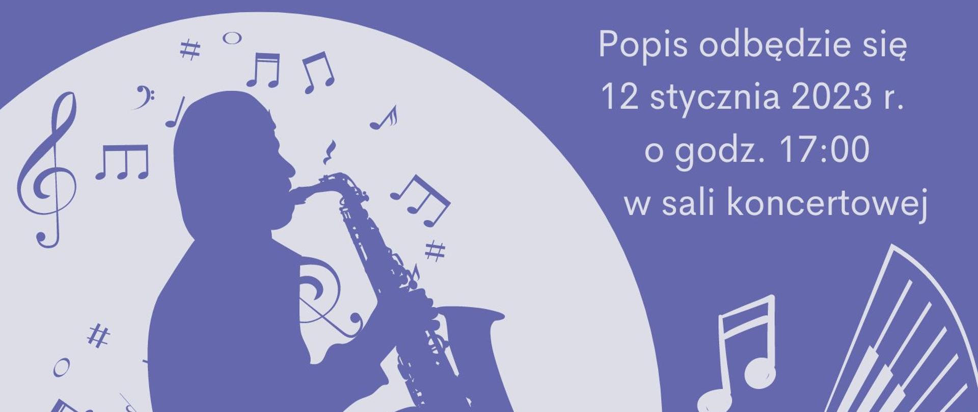 Plakat przedstawia grafikę w kolorze białym na fioletowym tle. W górnych i prawym dolnym rogu znajdują się motywy z nutami na pięciolinii i klawiaturą. W lewym dolnym rogu w kole na białym tle widoczna jest grafika w kolorze fioletowym osoby grającej na saksofonie z nutami. Środek plakatu zajmują napisy z informacjami o wydarzeniu. 