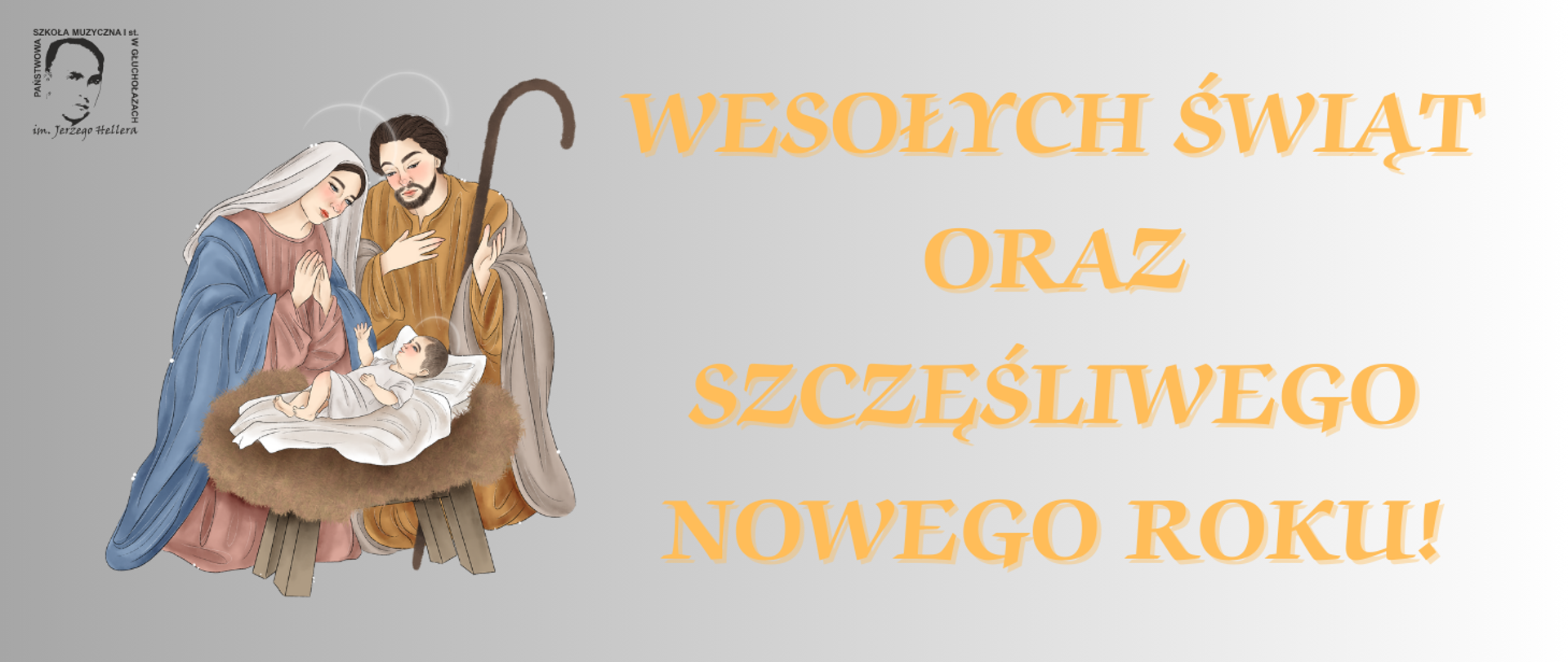 Kafelek tło jasno Lawendowe cieniowane W lewym górnym rogu czarne logo według ustalonego znaku złoty napis wesołych świąt oraz szczęśliwego Nowego Roku z lewej strony grafika przedstawiająca Matkę Bożą i Józefa oraz Jezusa w żłobku dorośli klęczą aureolę nad głowami