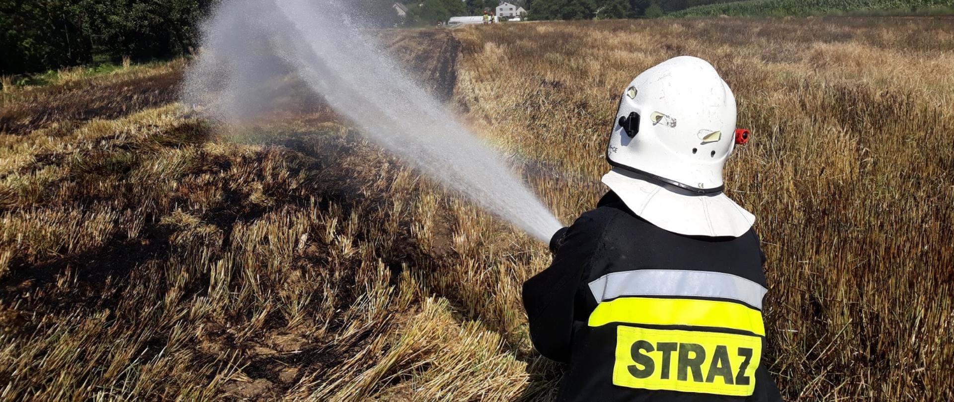 Zdjęcie przedstawia strażaka podczas gaszenia pożaru