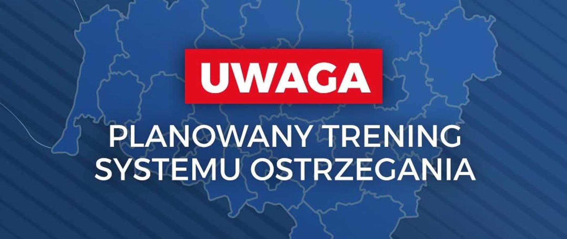 Niebieskie tło, na nim kontury województwa dolnośląskiego i napis planowany trening systemu ostrzegania
