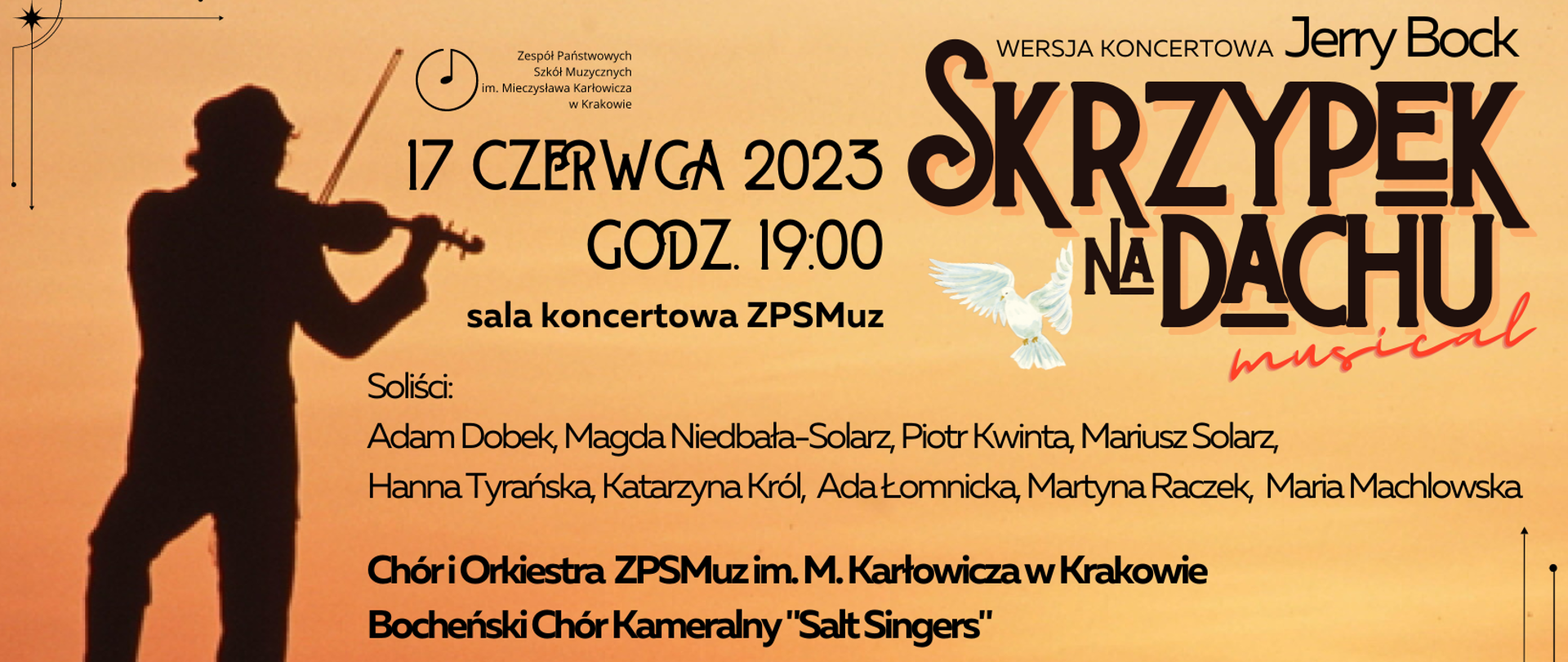 Plakat informujący o wykonaniu wersji koncertowej musicalu "Skrzypek na dachu". Koncert będzie miał miejsce 17 czerwca 2023 roku o godzinie 19:00 w sali koncertowej ZPSMuz.
