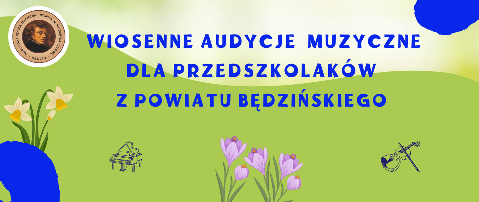 baner na zielonym tle, wokół wiosenne kwiaty i ikony instrumentów, po lewej od góry logo szkoły