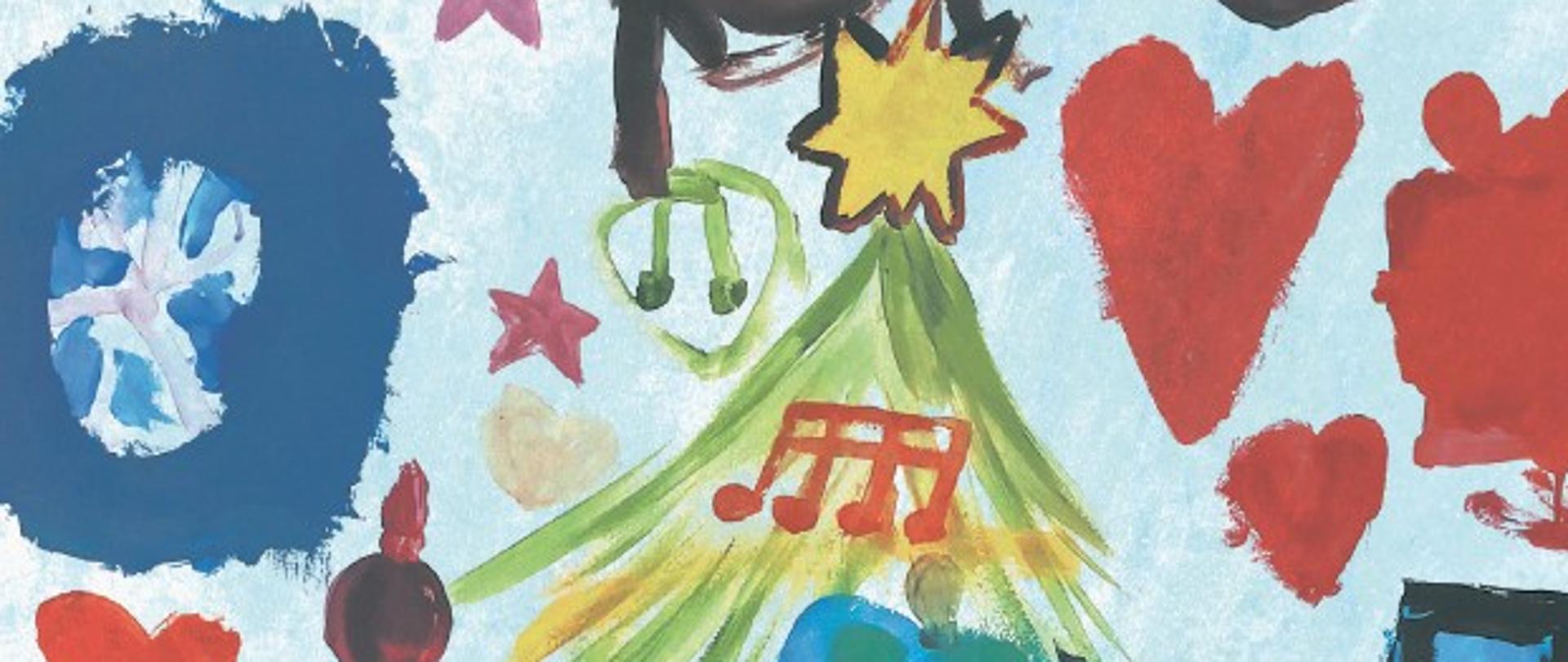 Obraz przedstawia choinkę udekorowaną ozdobami świątecznymi głównie w kształcie nutek oraz długim wijącym łańcuchem. Wokół choinki opakowane ozdobnie prezenty, serduszka i różne wymarzone zabawki namalowane przez dzieci.