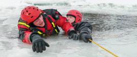 Zdjęcie przedstawia przemyskich strażaków podczas ćwiczenia z zakresu ratownictwa wodno-lodowego , strażak ubabrany w skafander suchy i kask ochronny asekurowany linką podejmuje z przerębla drugiego strażaka-pozoranta