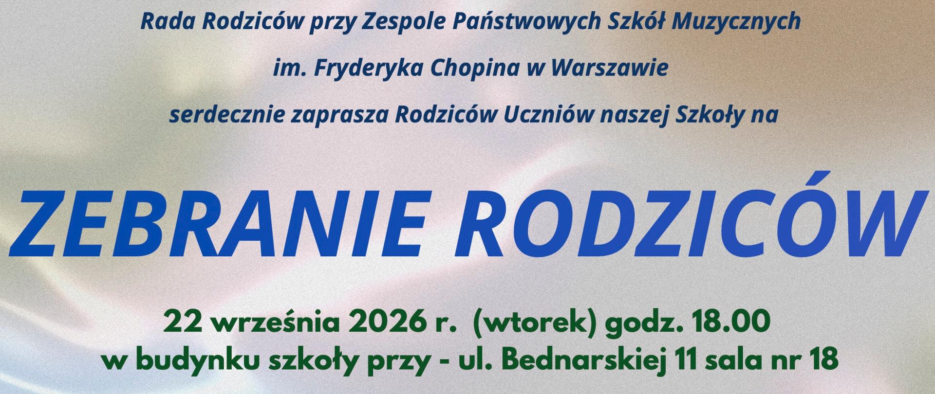 Afisz - Zebranie Rady Rodziców - 22.09.2026, godz 18.00, Bednarska 11