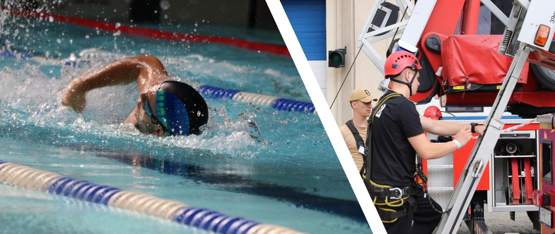 Zdjęcie tytułowe. Płynący człowiek oraz drugi obraz z drabinami mechanicznymi rozstawionymi na placu wewnętrznym Szkoły