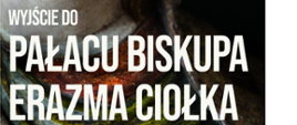 Plakat zapowiadający wyjście do Pałacu Biskupa Erazma Ciołka. Biało - czarne tło, białe napisy informacyjne.
