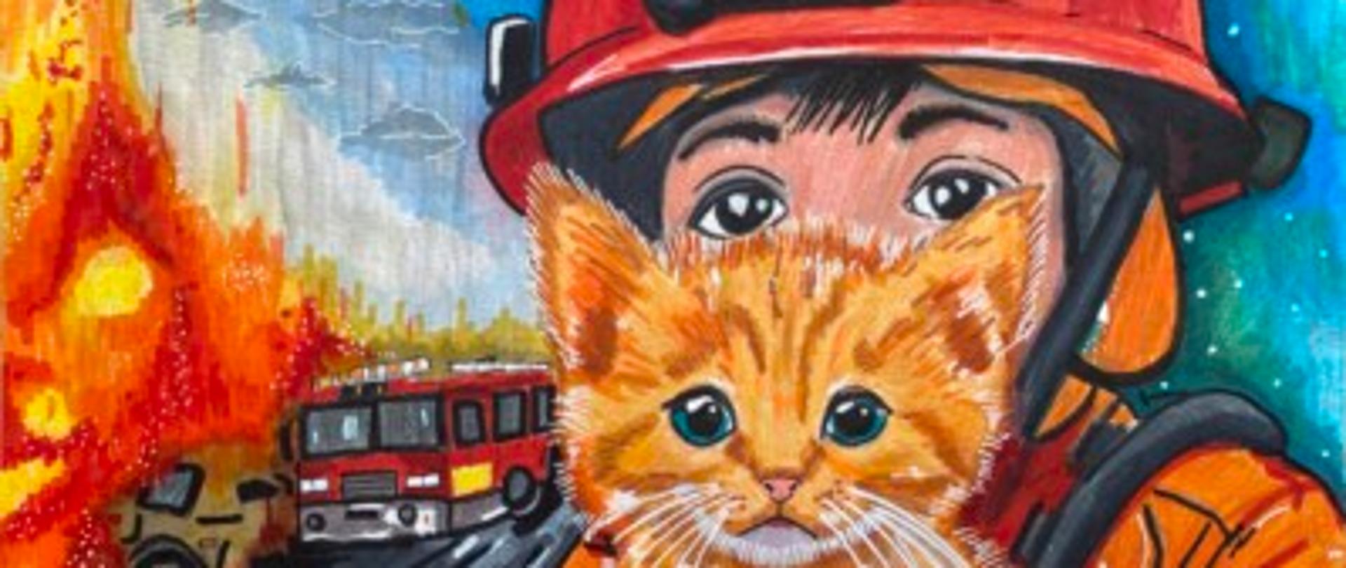 Rysunek przedstawia strażaka, który uratował kotka z wypadku.