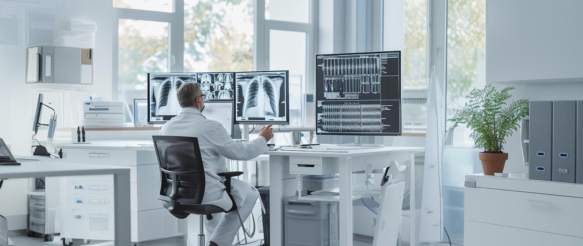 Zdjęcie - lekarz siedzi przy biurku, przed nimi na kilku monitorach zdjęcia rtg.
