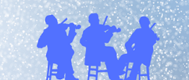 Na błyszczącym, niebieskim tle niebieska grafika dwóch skrzypków i wiolonczelisty. 