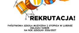 Zdjęcie przedstawia kolorową grafikę instrumentów oraz informację o zapisach do szkoły na rok szkolny 2026/2027 