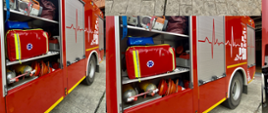 1. Plecak ratownika medycznego na wyposażeniu pojazdu ratowniczo-gaśniczego, plecak znajduje się w skrytce wozu strażackiego wraz z innym sprzętem specjalistycznym