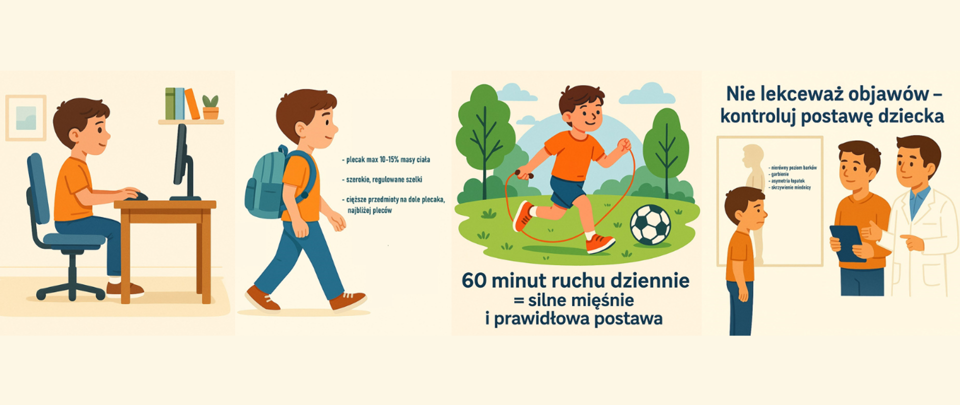 na tle koloru ecru rysunkowa postać chłopca w różnych sytuacjach: siedzi przy biurku i pracuje na komputerze, idzie z plecakiem na plecach, aktywnie spędza czas w parku (piłka i skakanka), jest u lekarza na konsultacji wady postawy