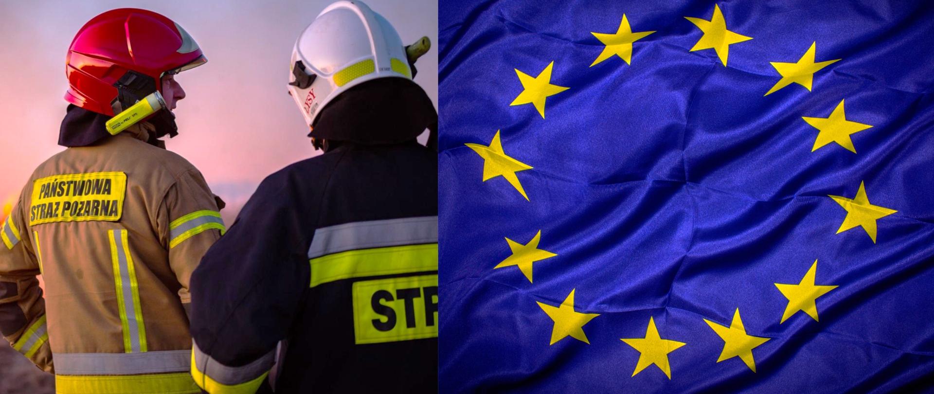 
Baner z flagą UE oraz zdjęciem dwóch strażaków w umundurowaniu bojowym w kolorze czarnym i piaskowym. 