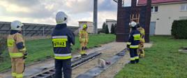 Zdjęcia przedstawia strażaków OSP ubranych w ubrania specjalne koloru granatowego i piaskowego oraz hełmy strażackie, wykonujących zadanie z drabinami pożarniczymi.