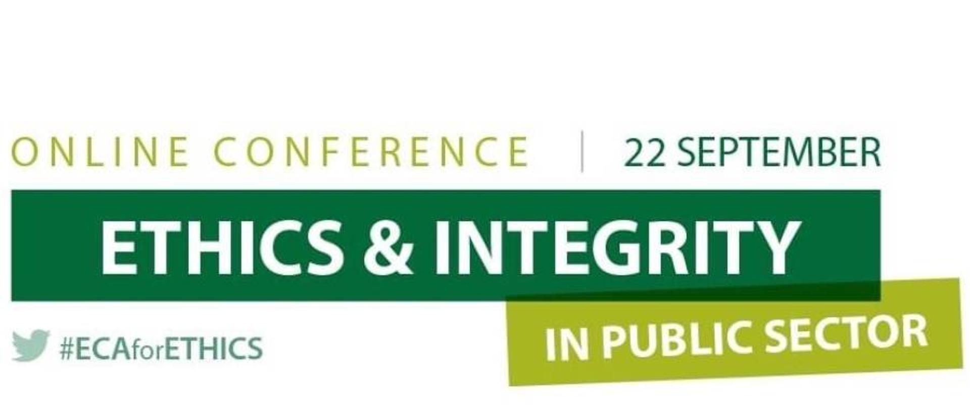 Logo konferencji online "Ethics & integrity in public sector, pośrodku data konferencji - 22 września, w lewym dolnym rogu nazwa organizatora - ECA for Ethics