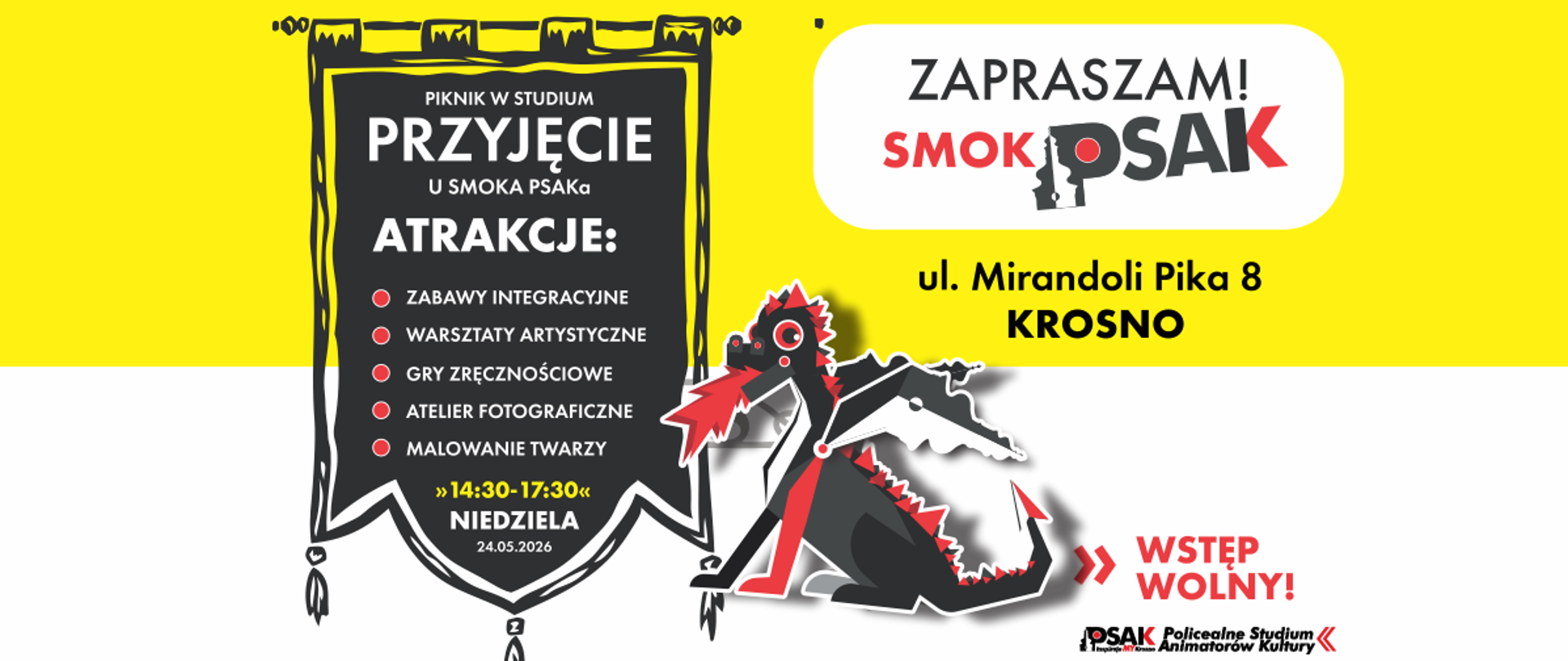 Plakat informujący o Pikniku w Studium. Tło plakatu jest w kolorze żółto białym. Po lewej stronie na czarnym tle jest opis atrakcji jaki będą podczas pikniku. Po środku plakatu jest graficzny smok w kolorach czarnym, czerwonym i białym. 