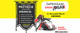 Plakat informujący o Pikniku w Studium. Tło plakatu jest w kolorze żółto białym. Po lewej stronie na czarnym tle jest opis atrakcji jaki będą podczas pikniku. Po środku plakatu jest graficzny smok w kolorach czarnym, czerwonym i białym. 