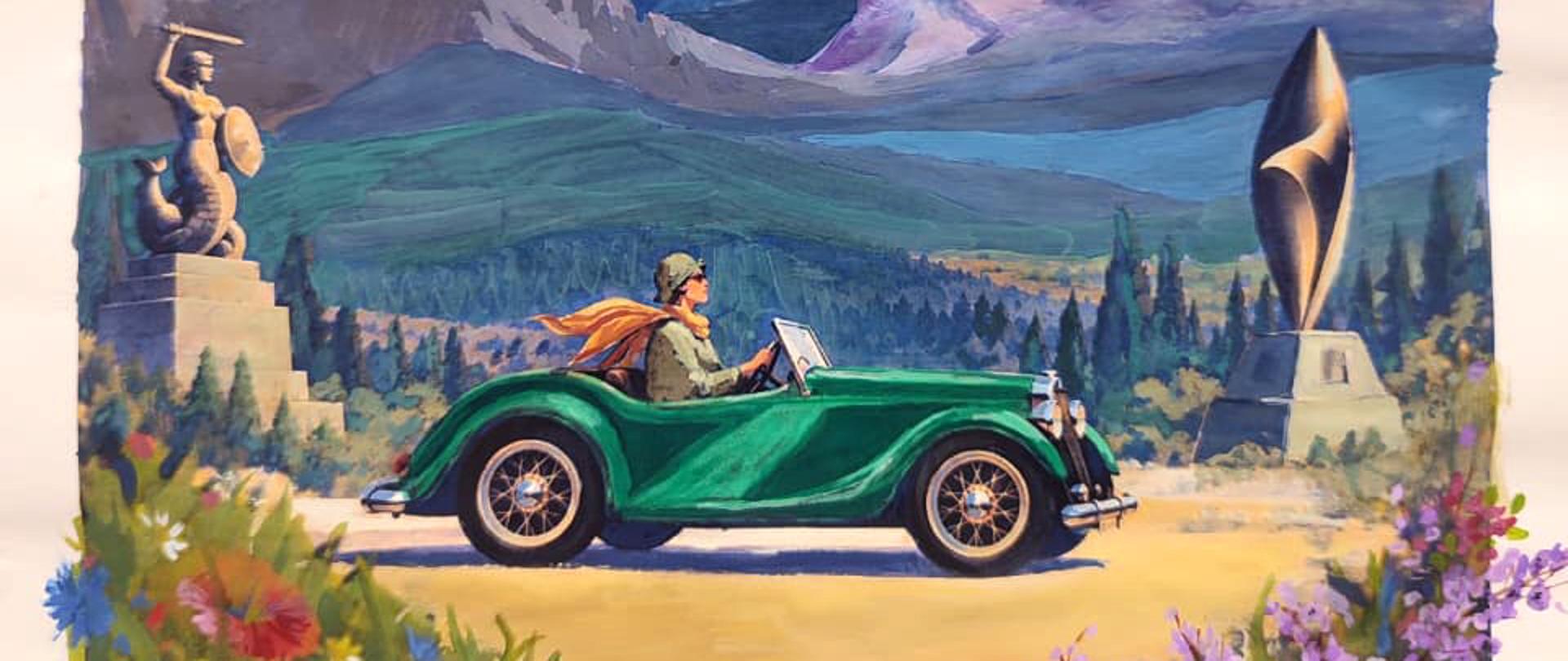 La ilustración representa a una mujer en un automóvil verde. Al fondo se observan las montañas Giewont y el Iztaccíhuatl mexicano, así como el volcán Popocatépetl. En primer plano aparecen flores polacas —amapolas y acianos— junto con flores mexicanas, como la jacaranda. También se distinguen dos esculturas: la Sirena de Varsovia y la Paloma de la Paz de Cuernavaca.