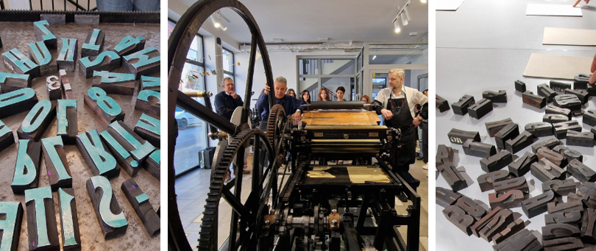 Przedstawiona grafika składa się z dziewięciu fotografii obrazujących spotkanie projektowe programu Unii Europejskiej Erasmus plus w którym brali udział uczniowie i nauczyciele trzech szkół plastycznych z Czech, Słowacji i Polski. Podczas spotkania uczniowie brali udział w warsztatach graficznych organizowanych w Muzeum Drukarstwa w Nowym Targu. 