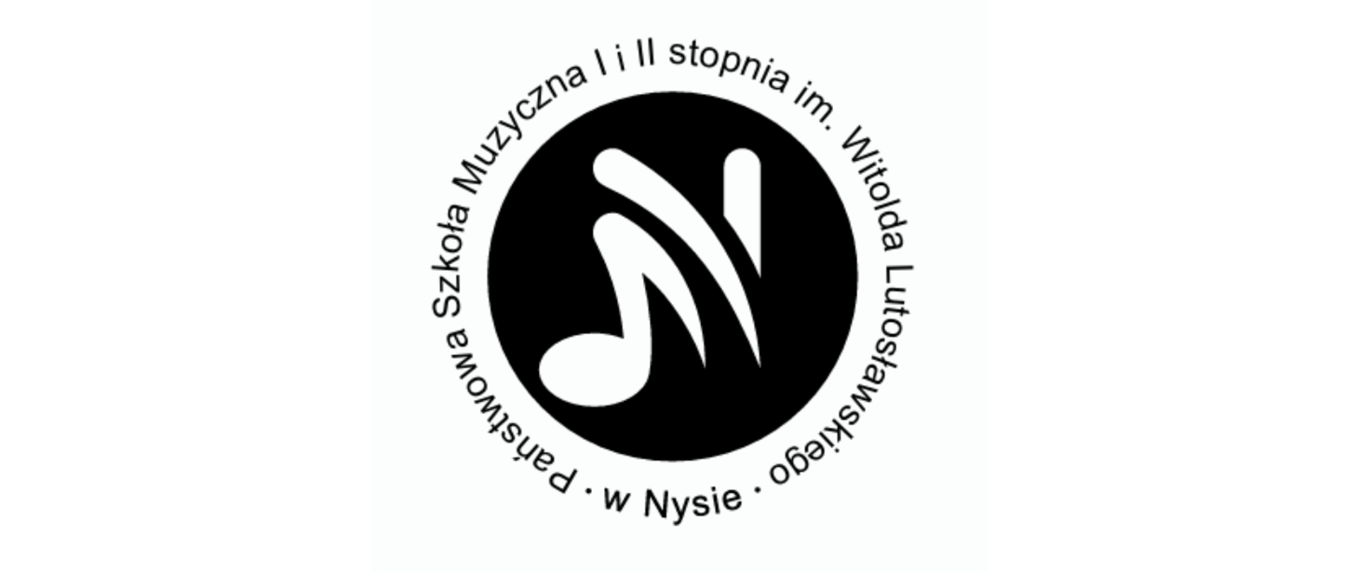 Logotyp Czarne koło wokół napis czarnymi literami państwowa szkoła muzyczna pierwszego i drugiego stopnia im Witolda Lutosławskiego w Nysie centralnie znak graficzny będący kombinacją litery N oraz wartości nutowej ósemki przez środek przedzielone kreską sprawiającą dynamikę litery