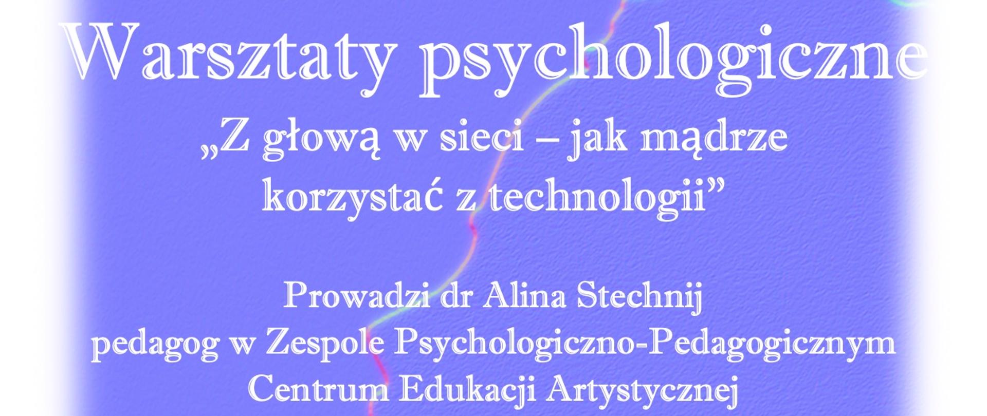 Na fioletowym tle w lewym górnym rogu logotyp Centrum Edukacji Artystycznej w Warszawie, po prawej stronie nazwa szkoły - Państwowa Szkoła Muzyczna I i II stopnia w Żaganiu, poniżej informacje o grupach i godzinach warsztatów.