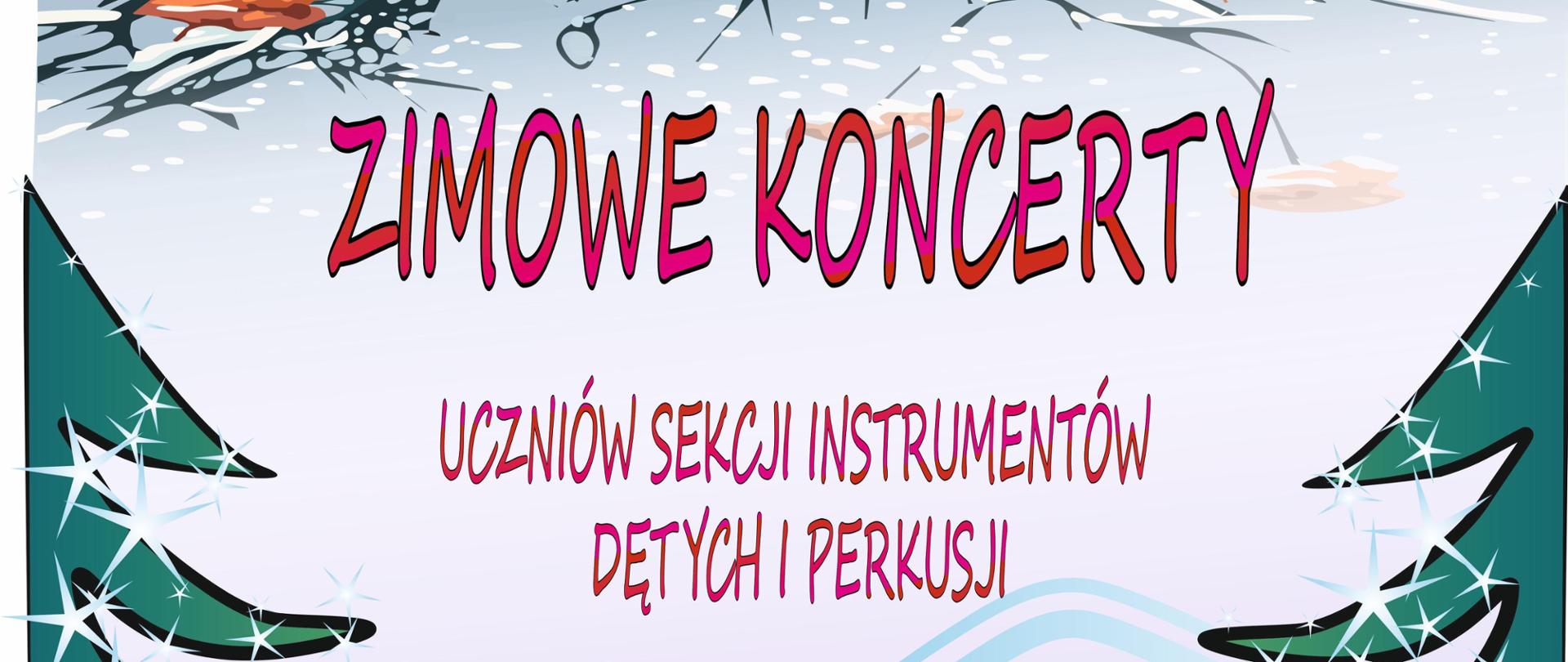 plakat z motywem śniegu z napisem Zespół Państwowych Szkół Muzycznych w Elblągu imienia Kazimierza Wiłkomirskiego; zimowe koncerty uczniów sekcji instrumentów dętych i perkusji; sala koncertowa zpsm, 9, 10, 11 grudnia 2024 r. godzina 16:30