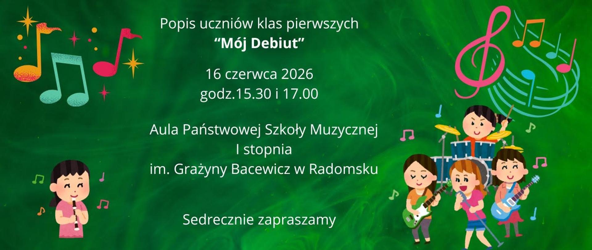 Na zielonym tle znajdują się napisy informacyjne w kolorze biały , grafiki czterech dziewczynek grających na klarnecie, gitarach, zestawie perkusyjnym w kolorach i śpiewającej do mikrofonu w kolorach ( niebieskim, fioletowym, różowym, szarym, brązowym, żółtym, granatowym , czarnym, różowym, beżowym), grafiki ósemek w kolorach różowym, żółtym, błękitnym, różowym, niebieskim, pomarańczowym ), grafika klucza wiolinowego w kolorze różowym.