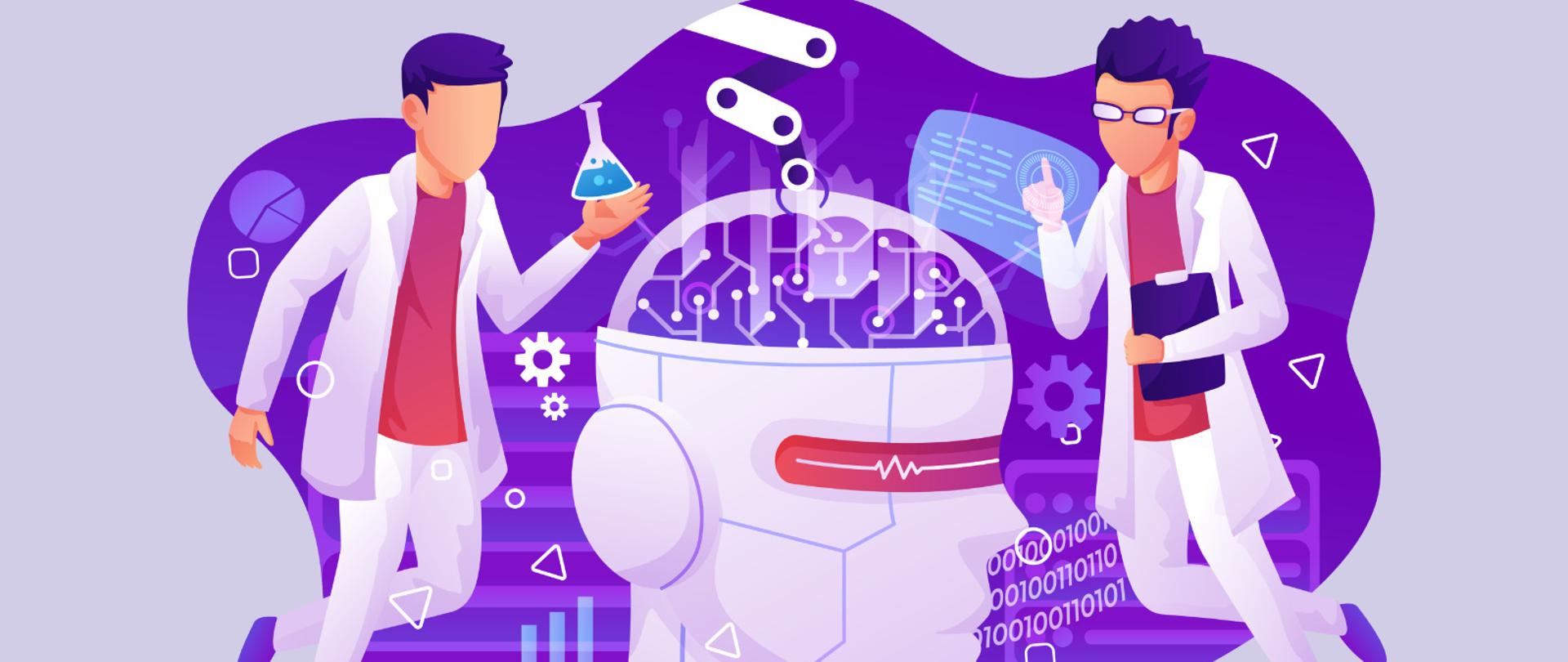 Grafika przedstawia animowane postaci dwóch naukowców, pracujących nad sztuczną inteligencją. Widzimy ich stojących nad robotem z kształcie ludzkiej głowy. 
