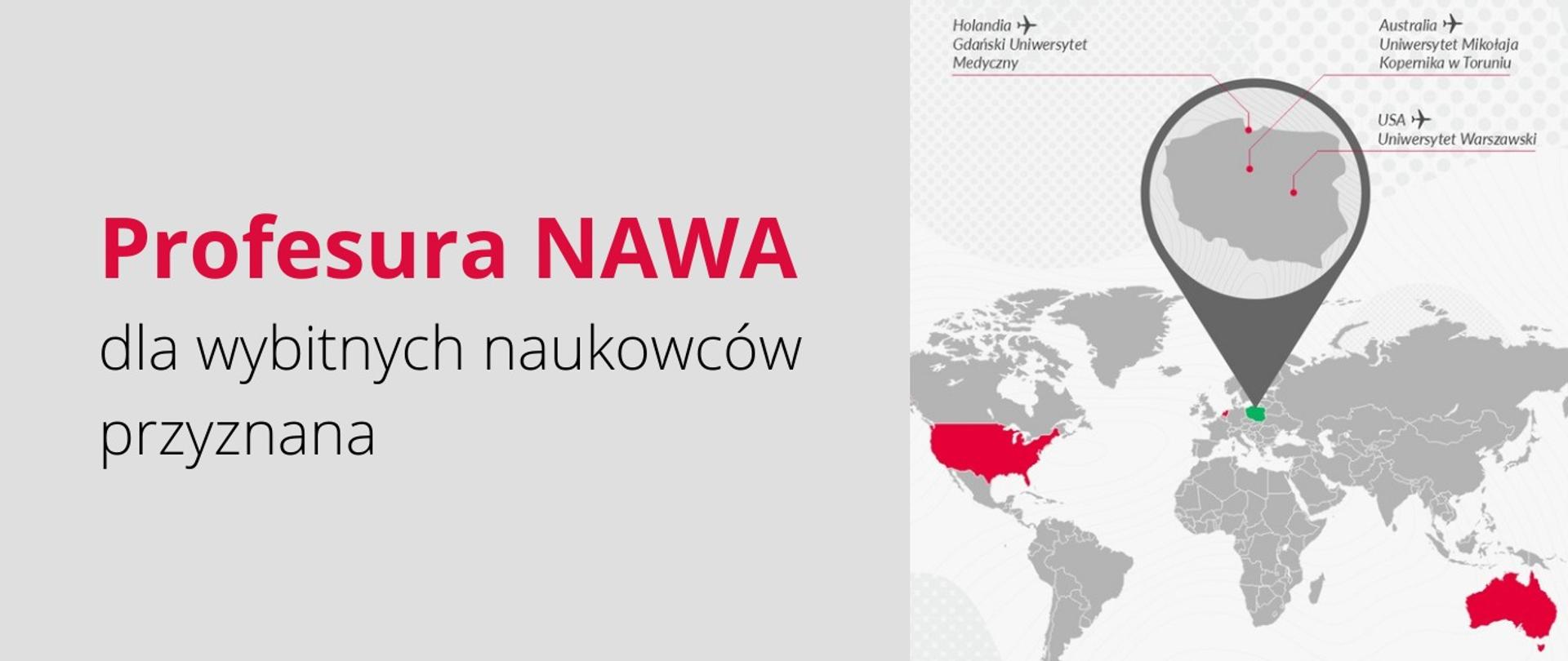 Grafika - na biało-szarym tle stylizowana mapa świata i napis Profesura NAWA dla wybitnych naukowców przyznana.