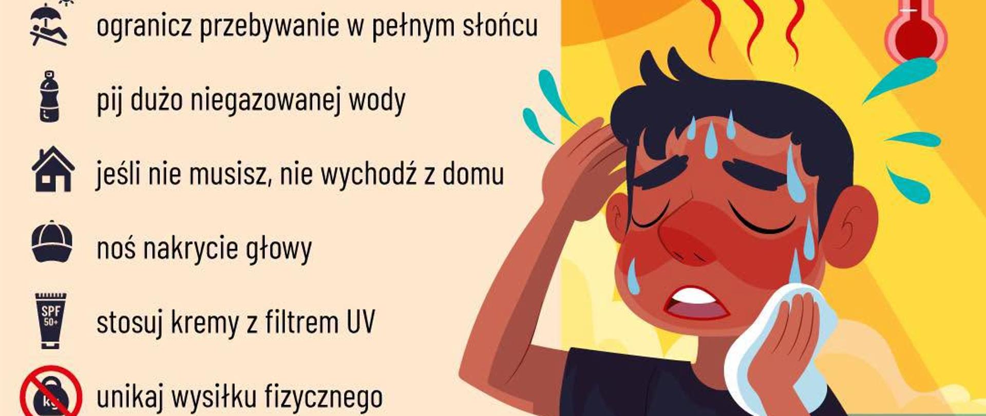 Grafika o charakterze prewencyjnym przestrzegająca przed upałami oraz mówiąca co zrobić żeby je przetrwać. 