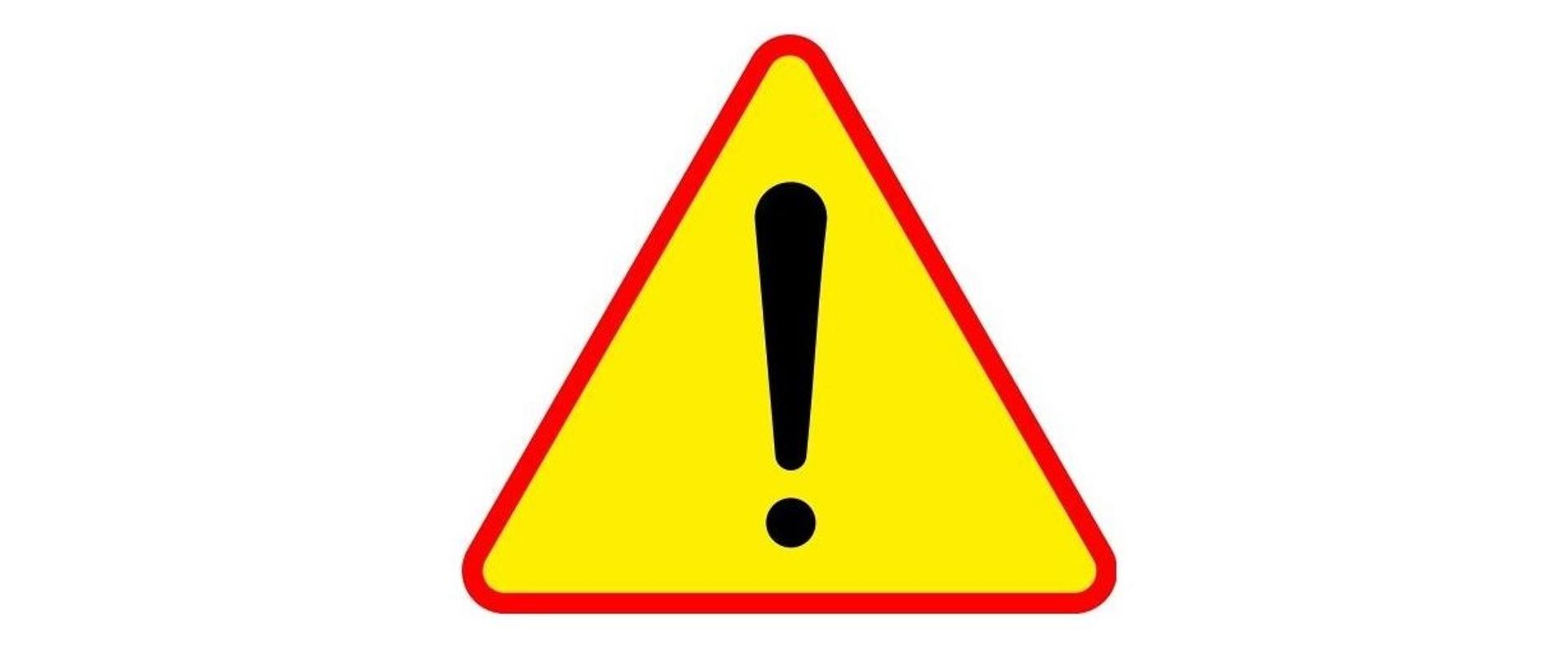 Znak uwaga: żółty trójkąt w czerwonej obwolucie z czarnym wykrzyknikiem w środku.