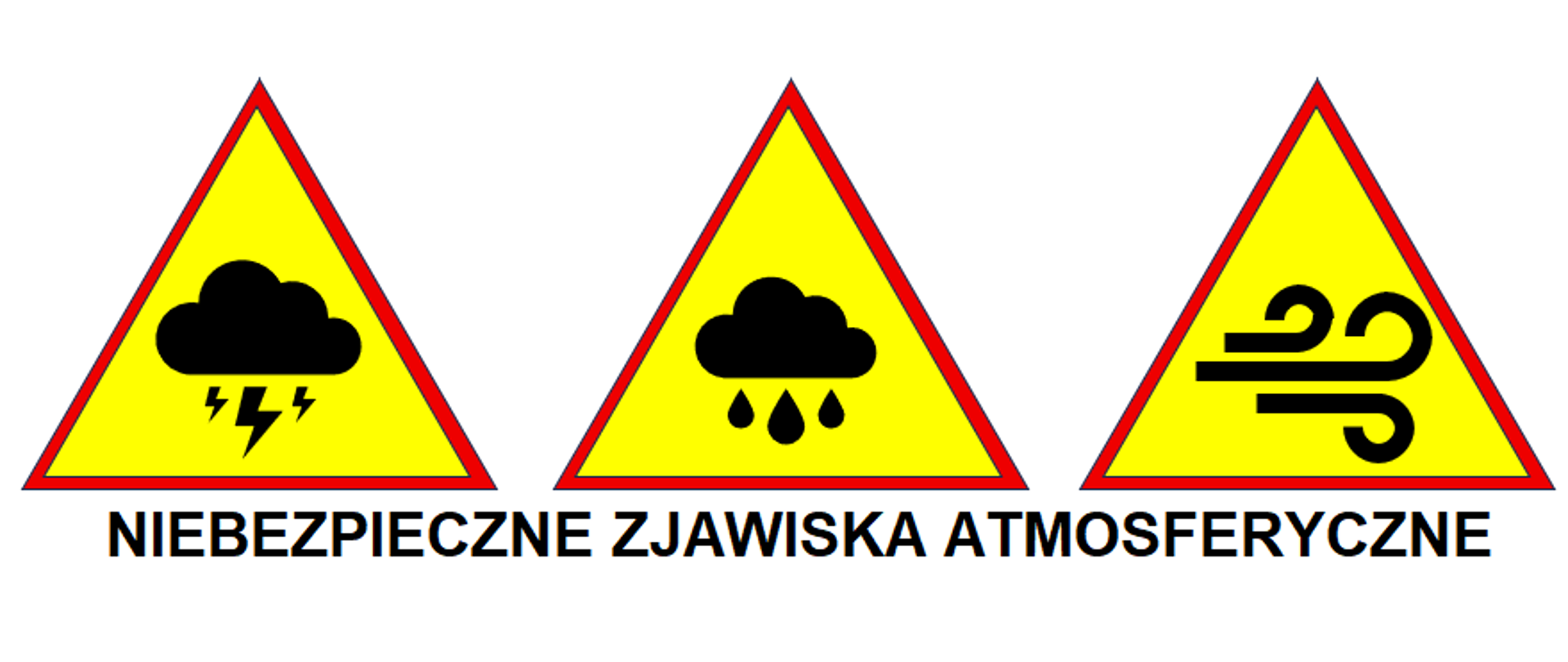 Grafika przedstawia znaki ostrzegające przed burzami, opadami deszczu i wiatrem