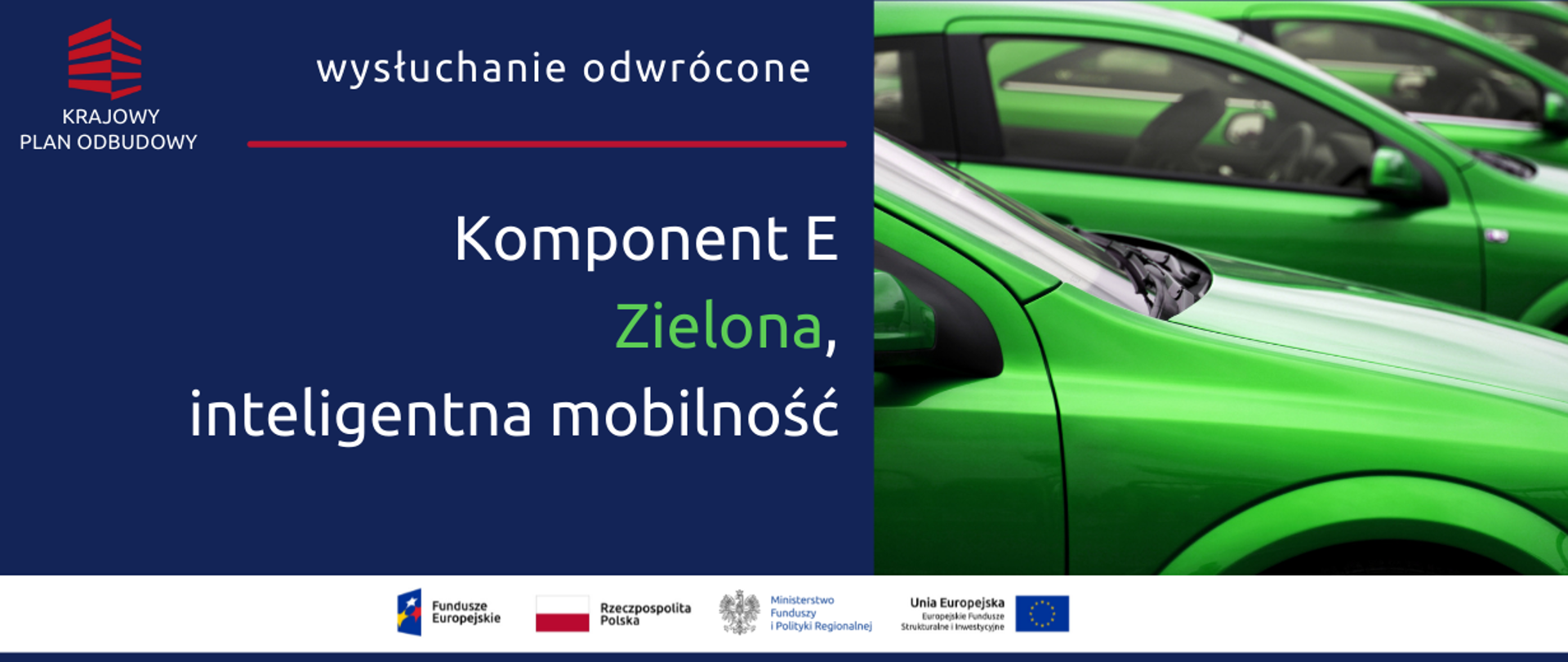 Na grafice napis: "Wysłuchanie odwrócone KPO Komponent E - Zielona, inteligentna mobilność oraz zdjęcie zielonych samochodów