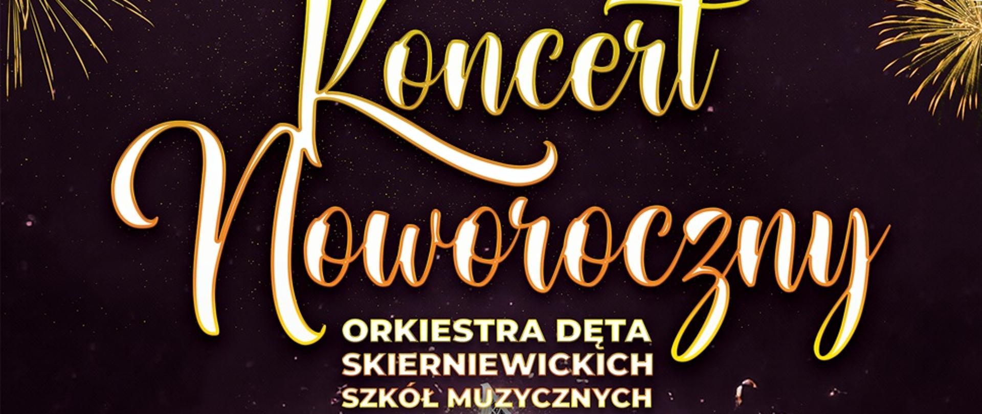 Plakat na czarnym tle. W środkowej części plakatu napis koncert noworoczny poniżej orkiestra dęta skierniewickiej szkół muzycznych. Data koncertu to 11 stycznia 2026 godzina 12:00 teatr Polonez sala nr 1 bilety 50 zł. Poniżej zbiór pH charytatywna na ucznia samorządowej szkoły muzycznej II stopnia w Skierniewicach mieszka Chojnackiego. Toast noworoczny w sensie prezydent miasta Skierniewice poniżej soliści Maria Galińska Katarzyna Szuba Michał Domagała Hubert Gruchała Mikołaj Mikulski oraz uczniowie szkoły muzycznej w Skierniewicach poniżej kierownictwo artystyczne Sławomir Trochonowicz. Na białym pasku na samym dole znajdują się mogę sponsorów i patronaty medialne