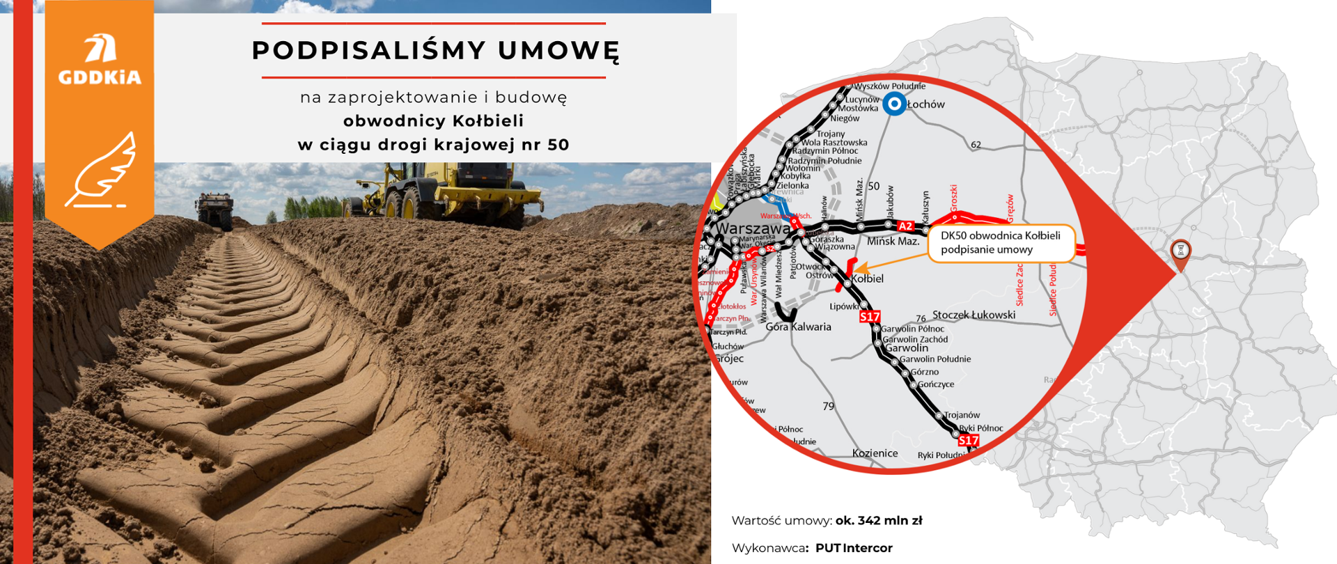 Podpisaliśmy umowę na zaprojektowanie i budowę obwodnicy Kołbieli w ciągu drogi krajowej nr 50. Infografika - po lewej stronie zdjęcie z placu budowy, koleina w ziemi zrobiona przez oponę ciężkiego sprzętu budowlanego. Po prawej mapa Polski z zaznaczonym odcinkiem drogi, dla którego została podpisana umowa.
