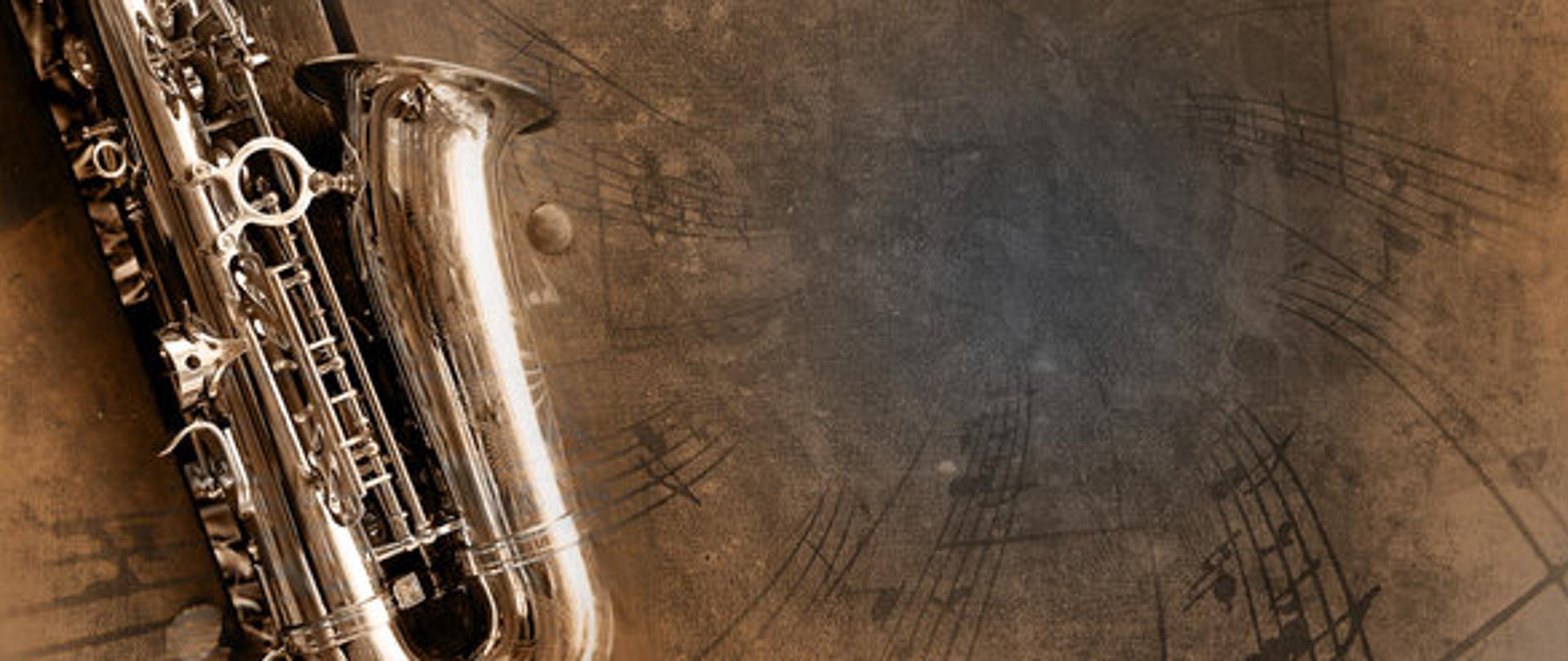 Zdjęcie przedstawiające po lewej stronie saksofon, który otaczają wirujące nuty