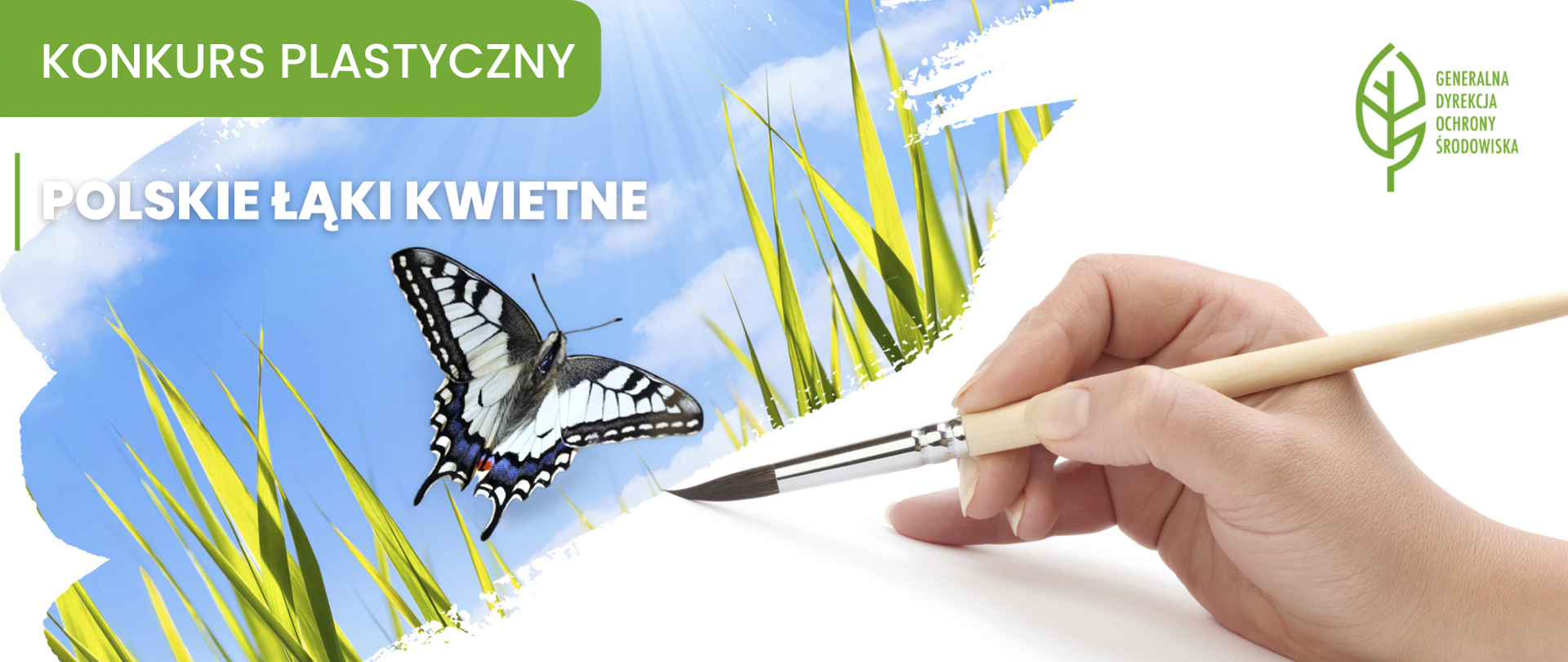 Grafika promuje konkurs plastyczny pt. „Polskie Łąki Kwietne”, organizowany przez Generalną Dyrekcję Ochrony Środowiska.
Na obrazku widać kolorowy fragment z niebieskim niebem, trawą i realistycznie oddanym motylem (paź królowej).
Dłoń trzymającą pędzel, który zdaje się malować ten krajobraz na białym tle. Widać napis informujący o konkursie oraz logo Generalnej Dyrekcji Ochrony Środowiska w prawym górnym rogu.