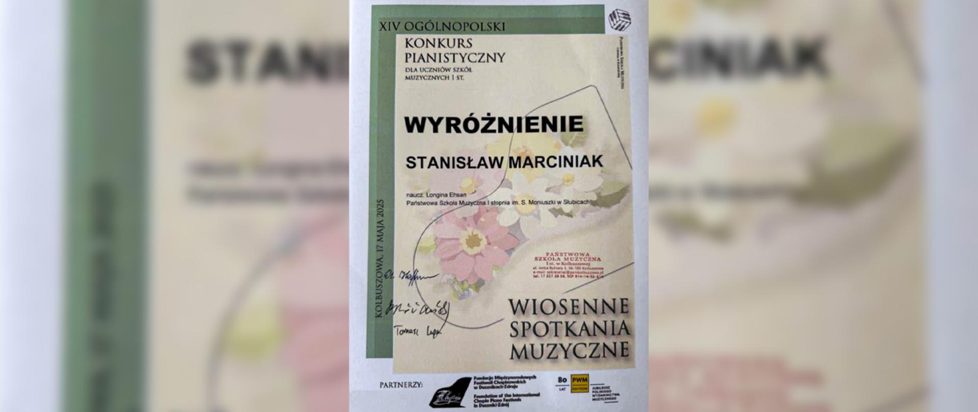 Dyplom za zdobycie wyróżnienia.