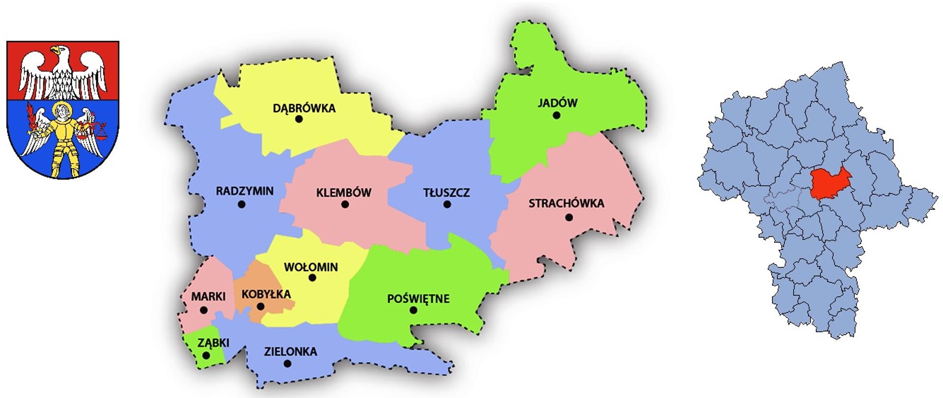 Na zdjęciu od lewej znajduje się herb powiatu wołomińskiego, mapa powiatu z umiejscowieniem poszczególnych gmin oznaczonych różnymi kolorami oraz mapa województwa z zaznaczonym na czerwono powiatem wołomińskim.